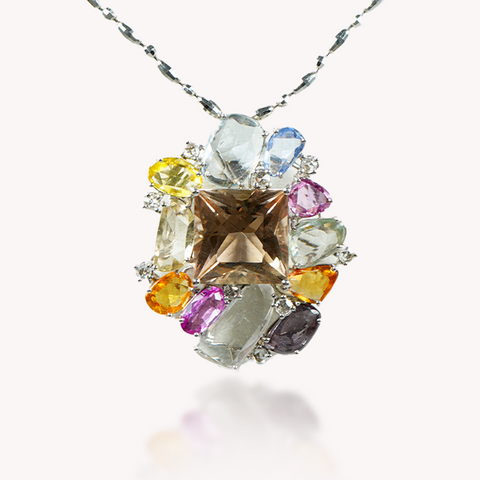 Champagne Quartz &Mixed Sapphire Pendant