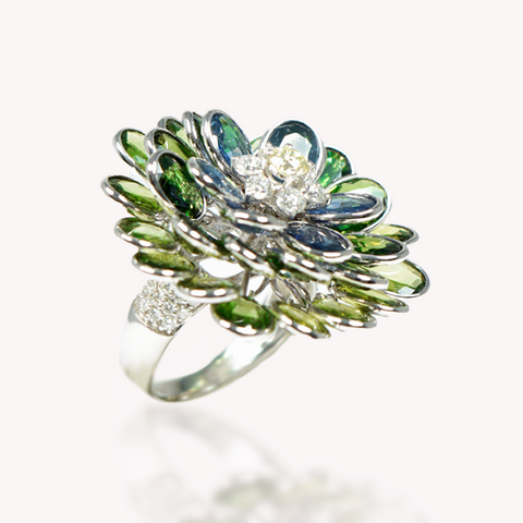 Blue & Green Sapphire Floral Ring
