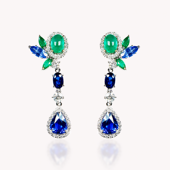 Emerald Floral Earrings with Blue Sapphire