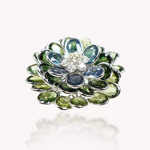 Blue & Green Sapphire Floral Ring