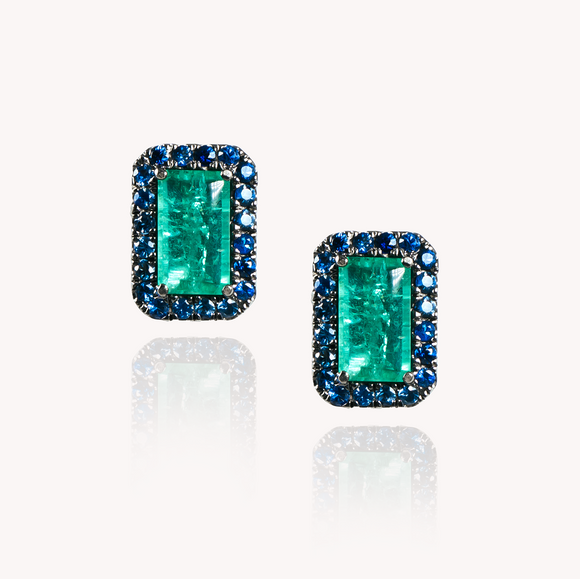 Emerald Stud Earrings with Blue Sapphire